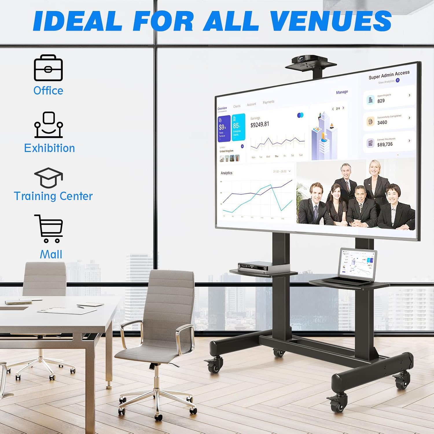 Diagram showing two options for projector mount placement: on top of the stand or inverted below the TV, with details on heat dissipation and cable management.