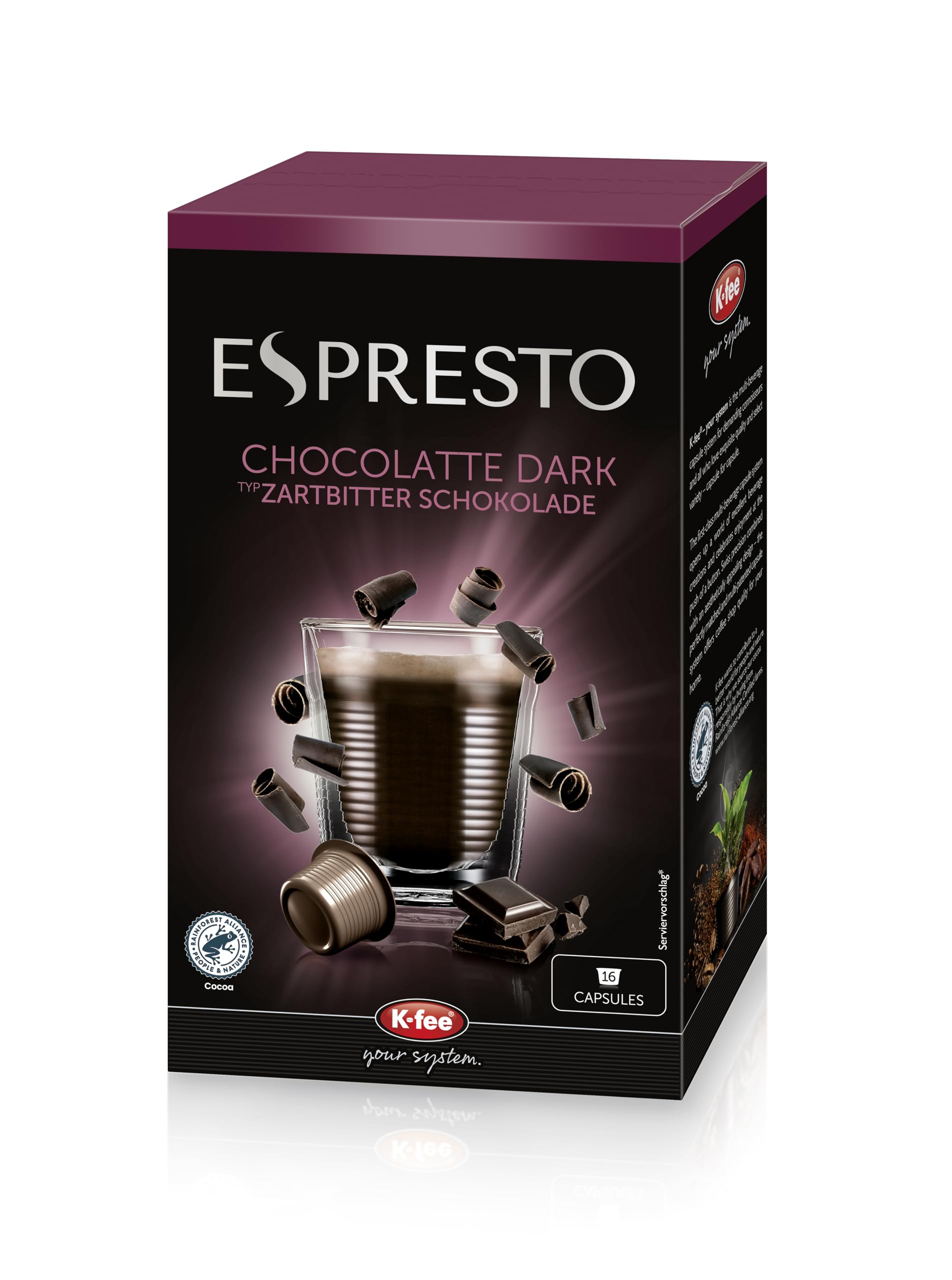 ESPRESTO Kakaokapseln, Zartbitter Schokolade, kompatibel mit K-fee & ALDI,* EXPRESSI*, fairtrade-zertifzierte Kakaobohnen, 96 Kapseln