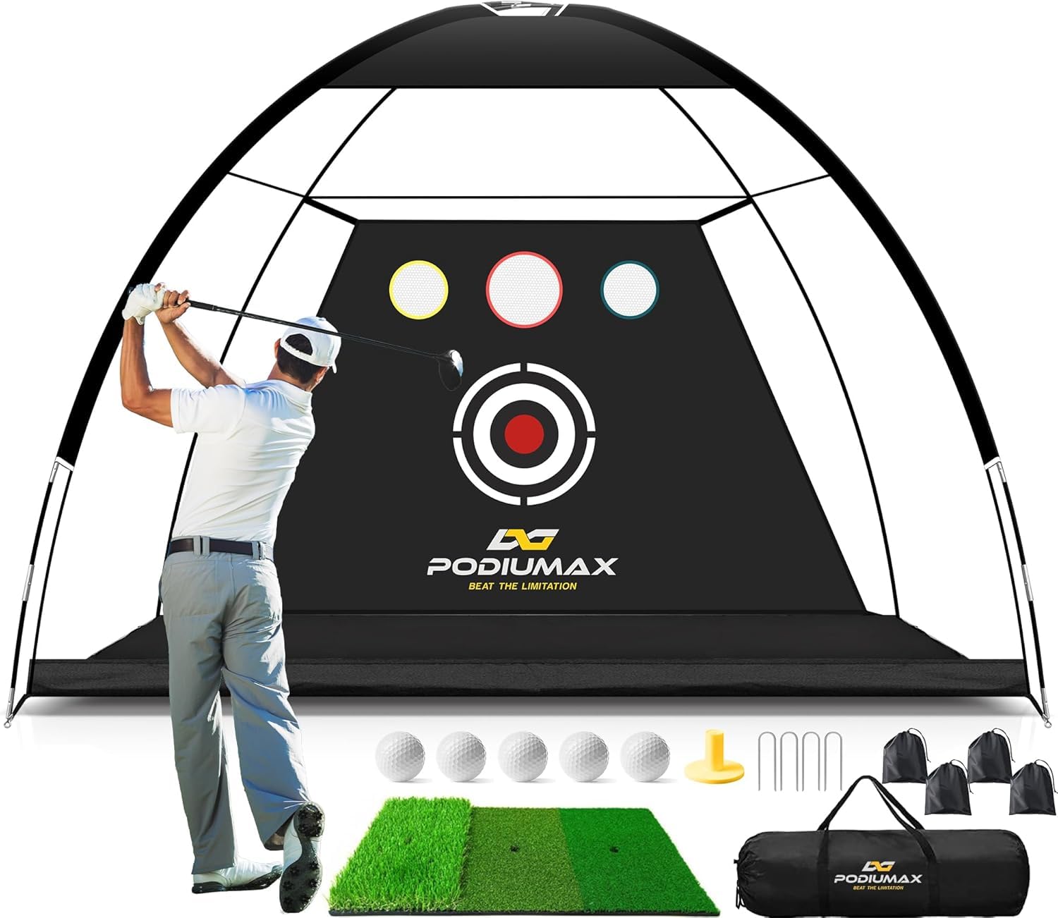 PodiuMax Golf Practice Net, 10x7ft Durable Golf Nets with Carry Bag/ 5 Balls/ 4 Sandbags/Tee/Golfs Mat Indoor Outdoor Used, Easy Set UP Golfs Chipping Net Gifts for Men