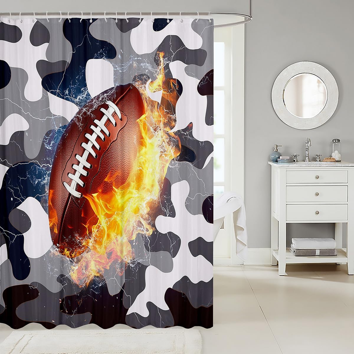 Football Shower Curtain For Teens, Kids Boys Rugby Bathroom Shower Curtains, Sports Games Bath Curtain, Camouflage Ice And Fire Cloth Fabric Bathroom Decor Set With Hooks, Grey White, 72" W X 84" L