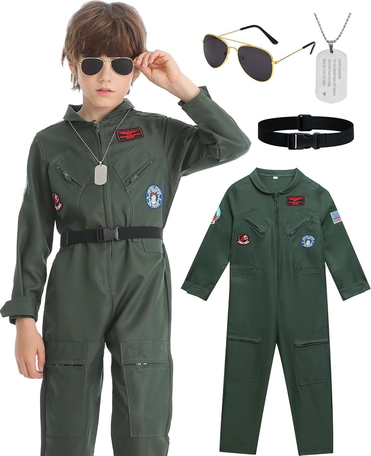 4 Pcs Fighter Pilot Costume for Kids Air Force Flight Suit Cosplay Halloween with Accessories Set 12-14 Years