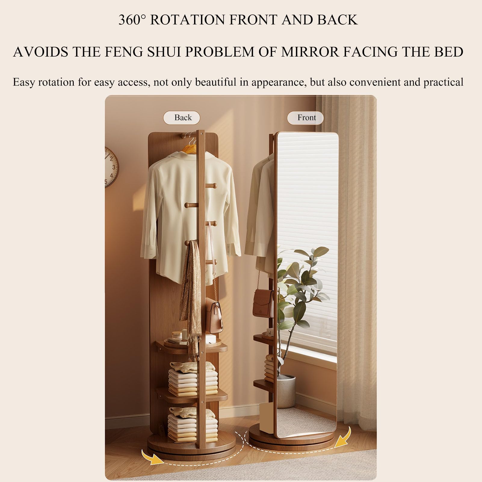 Girevole Full Body specchio appendiabiti ganci, Specchio a figura intera in legno massello rotante a 360° , 2-in-1 in piedi specchi con appendiabiti, per soggiorno Camera da letto Guardaroba