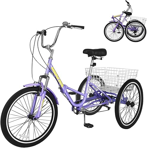 Vista 52 de H&ZT Triciclo para adultos, bicicleta de 3 ruedas, triciclo crucero, con engranaje de 7 velocidades, mango de freno de estacionamiento, escalón