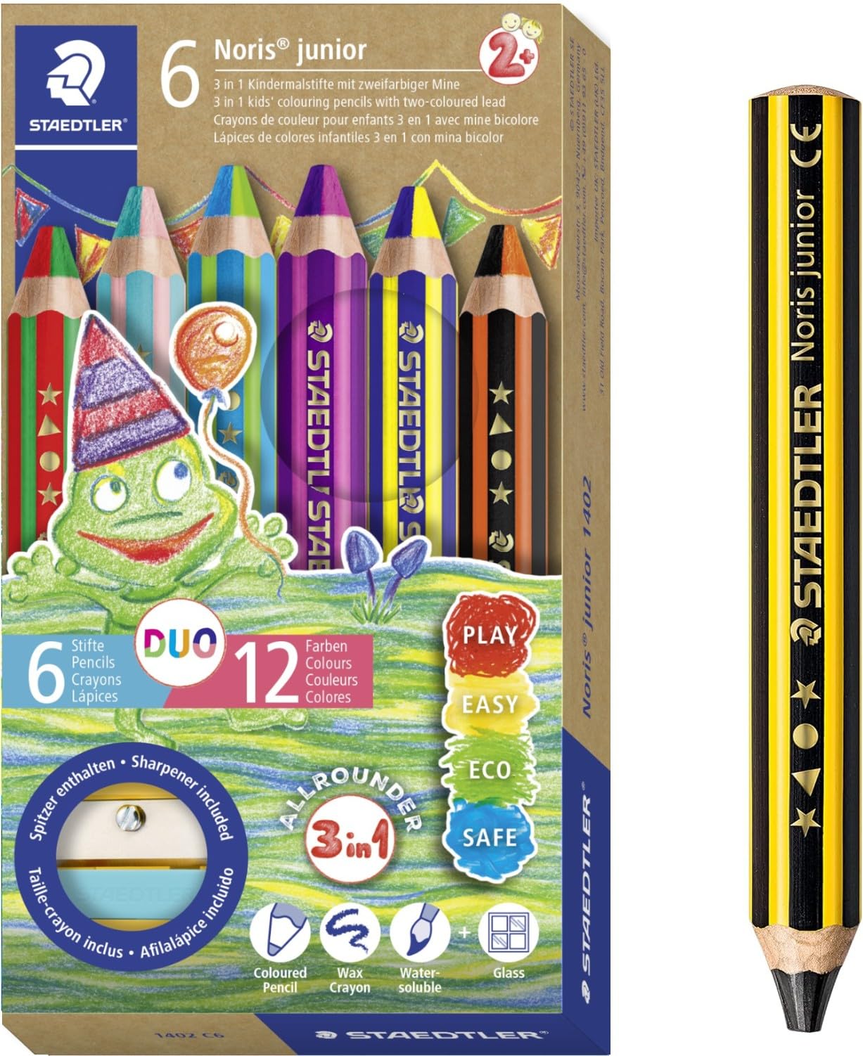 STAEDTLER Noris Junior Duo 1402 Children's Colouring Pencil, Wax and Watercolour Pencil, Two-Tone Lead, 6 Duo Pens and Children's Pencil
