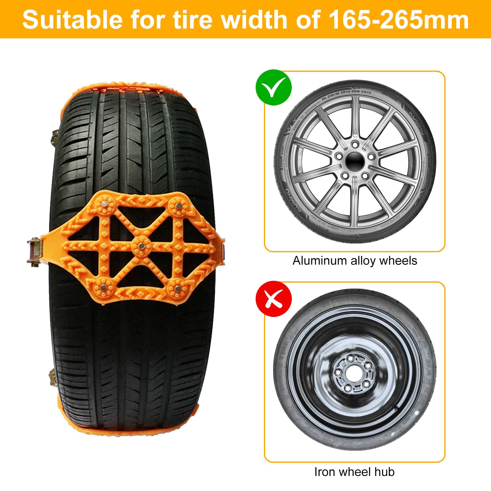 Chaînes à Neige, Chaînes de Pneus DUOJIN Lot de 8 Chaînes antidérapantes universelles en TPU épais avec kit d'outils pour largeur de pneu 165-265 mm - Pour la plupart des voitures, camions, SUV