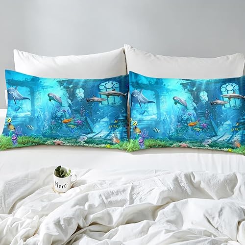 Miniatura 3 de Erosebridal Juego de sábanas de mundo submarino 3D con diseño de peces de playa azul marino, tamaño King, sábana bajera ajustable de delfín de