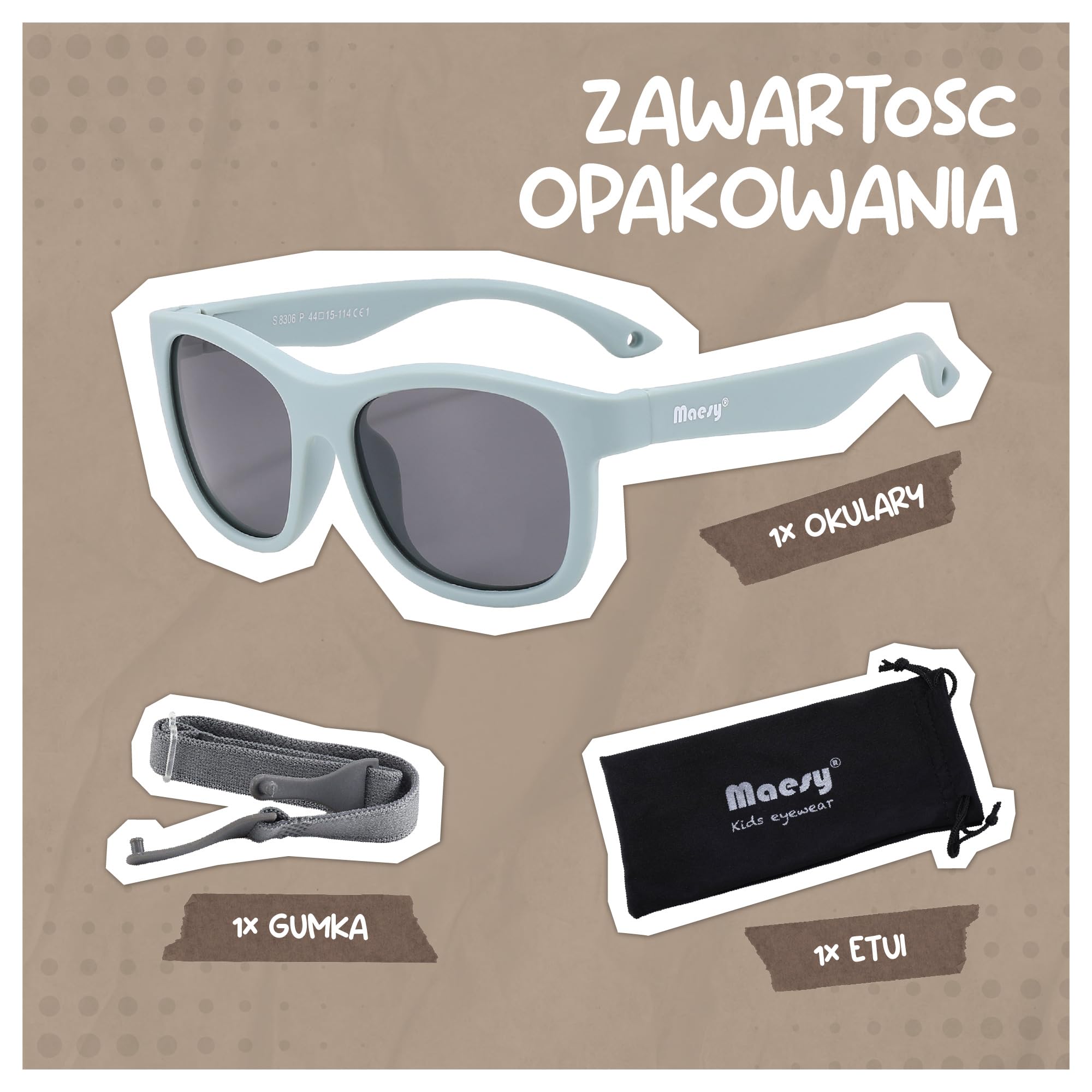 dziecięce okulary przeciwsłoneczne Luca - 1-3 lata - elastyczne - regulowana gumka - ochrona polaryzacyjna UV400 - maluch i przedszkolak - chłopcy i dziewczynki - kwadratowe