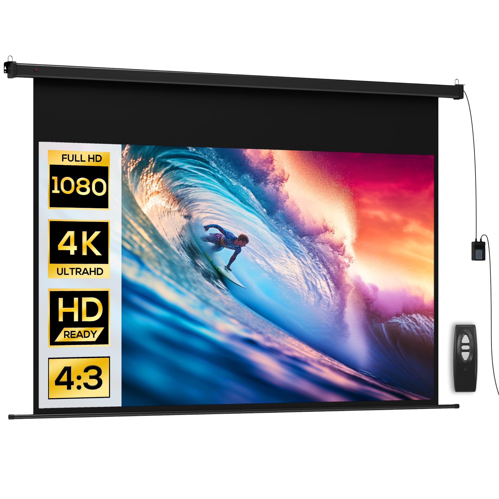 HOMCOM Schermo proiettore da 100 pollici, 16:9 4K HD schermo di Proiezione motorizzato ed elettrico, schermo di Proiezione TV e Home theatre, Montaggio a Parete o Soffitto, Pannello di Controllo e