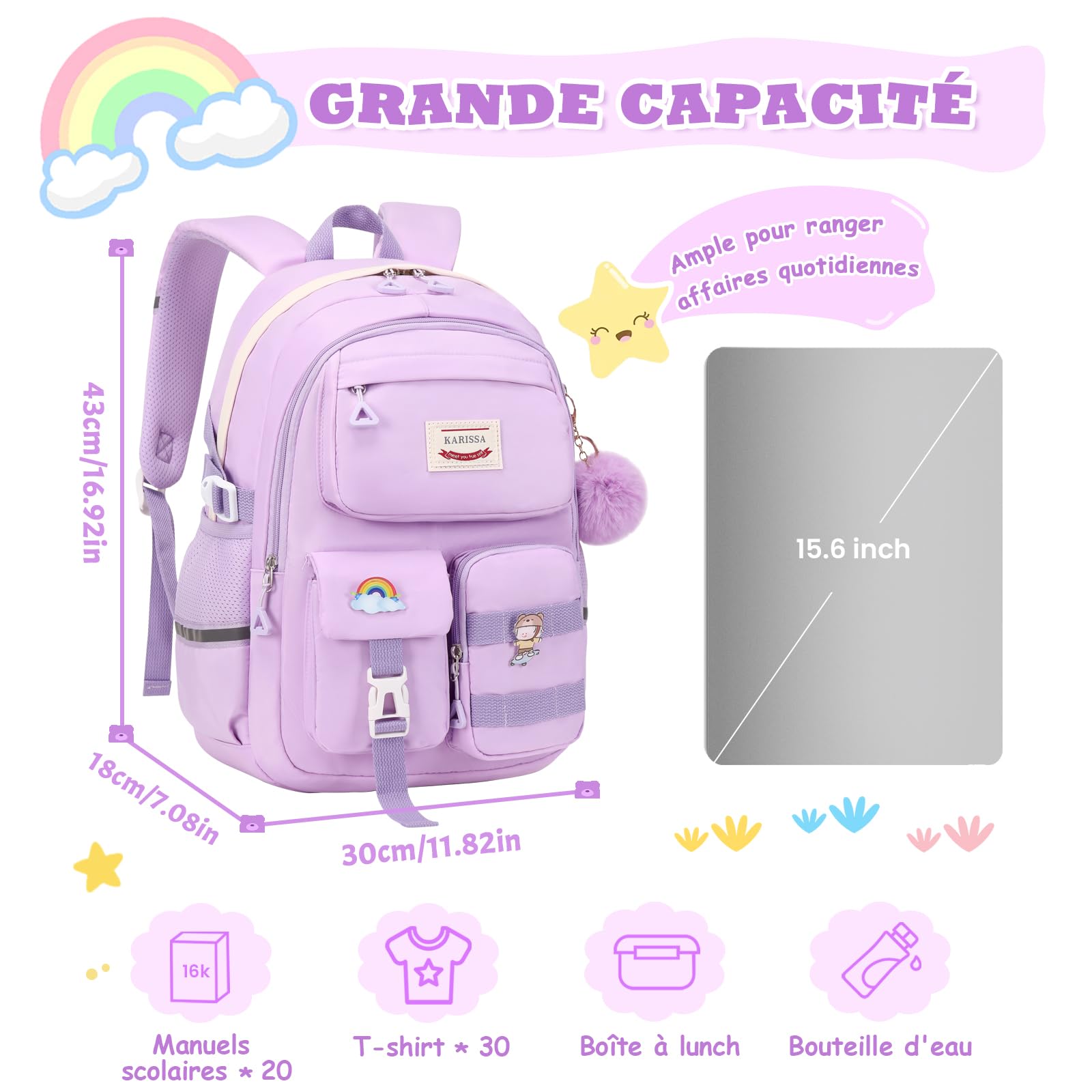 Sisipoet Sac à Dos Fille, Cartable Primaire Fille 10-18 Ans, Sac d'école Respirant Imperméable Nylon, Cartable Enfant avec Accessoires, Léger Confortable pour École et Voyage