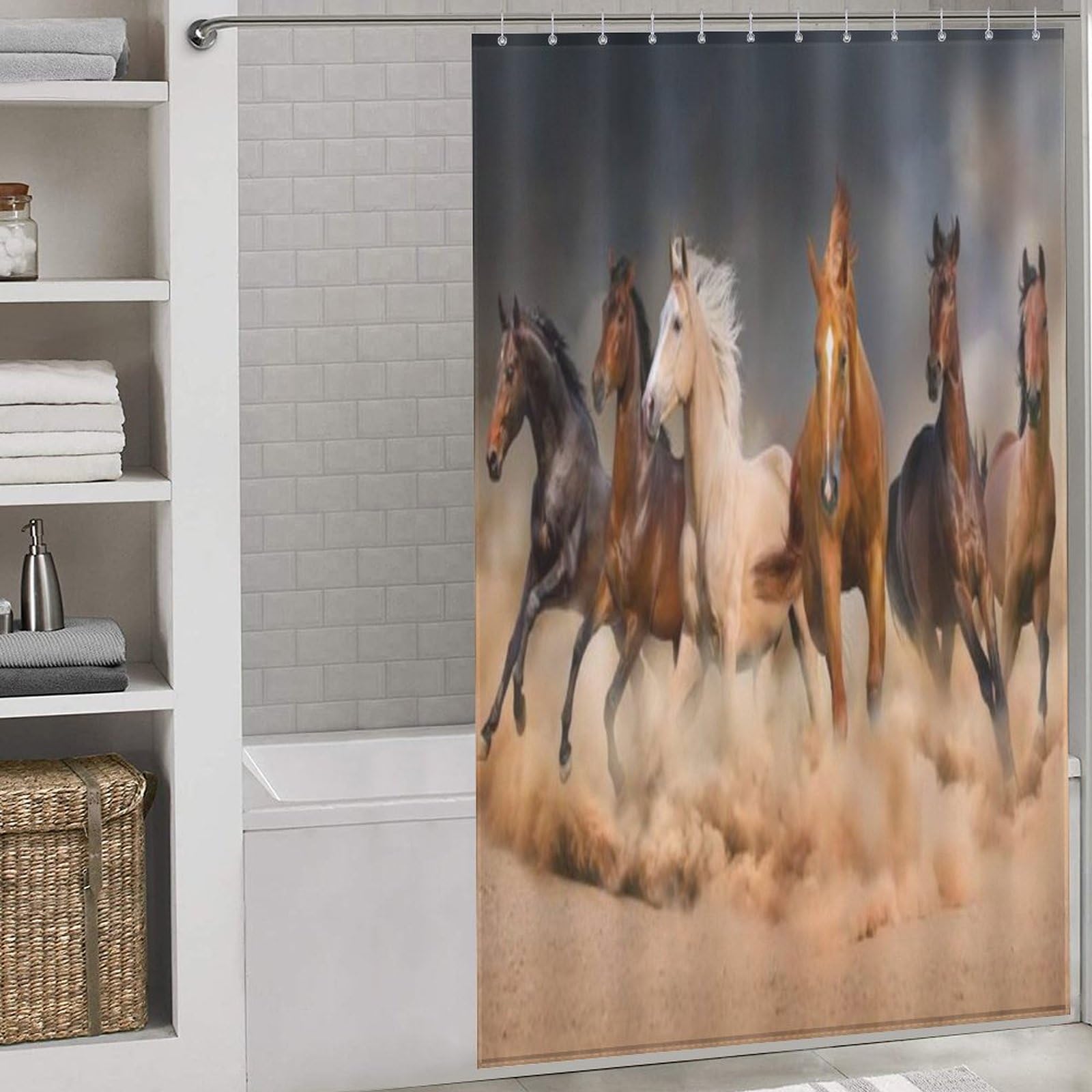 Rideau de douche cheval 140x183 cm en polyester imperméable lavable avec 12 crochets