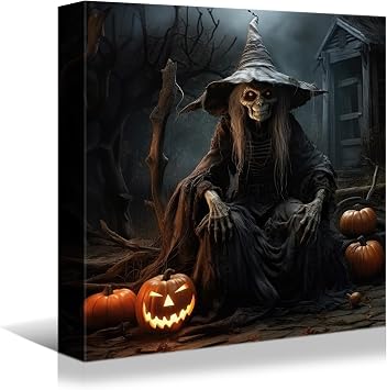 YONICA Halloween Canvas Wall Art for Living Room Home Decor - Halloween Pumpkins and Witche On Canvas High Definition Giclee Artwork Ready to Hang 12"x12"30x30cm