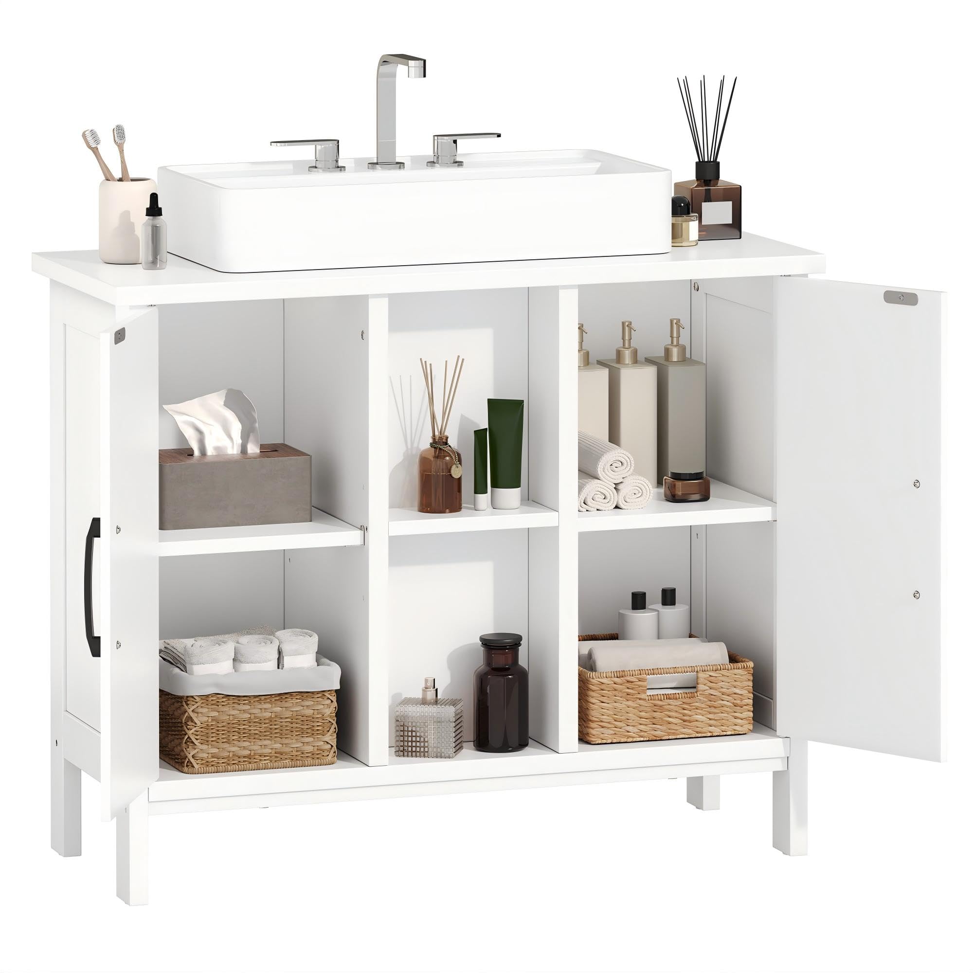YITAHOME waschbeckenunterschrank mit Zwei geschlossene Schrankelemente, Bad unterschrank 70 cm breit, badezimmerschrank mit offenen Regalen, unterschrank waschbecken, Weiss