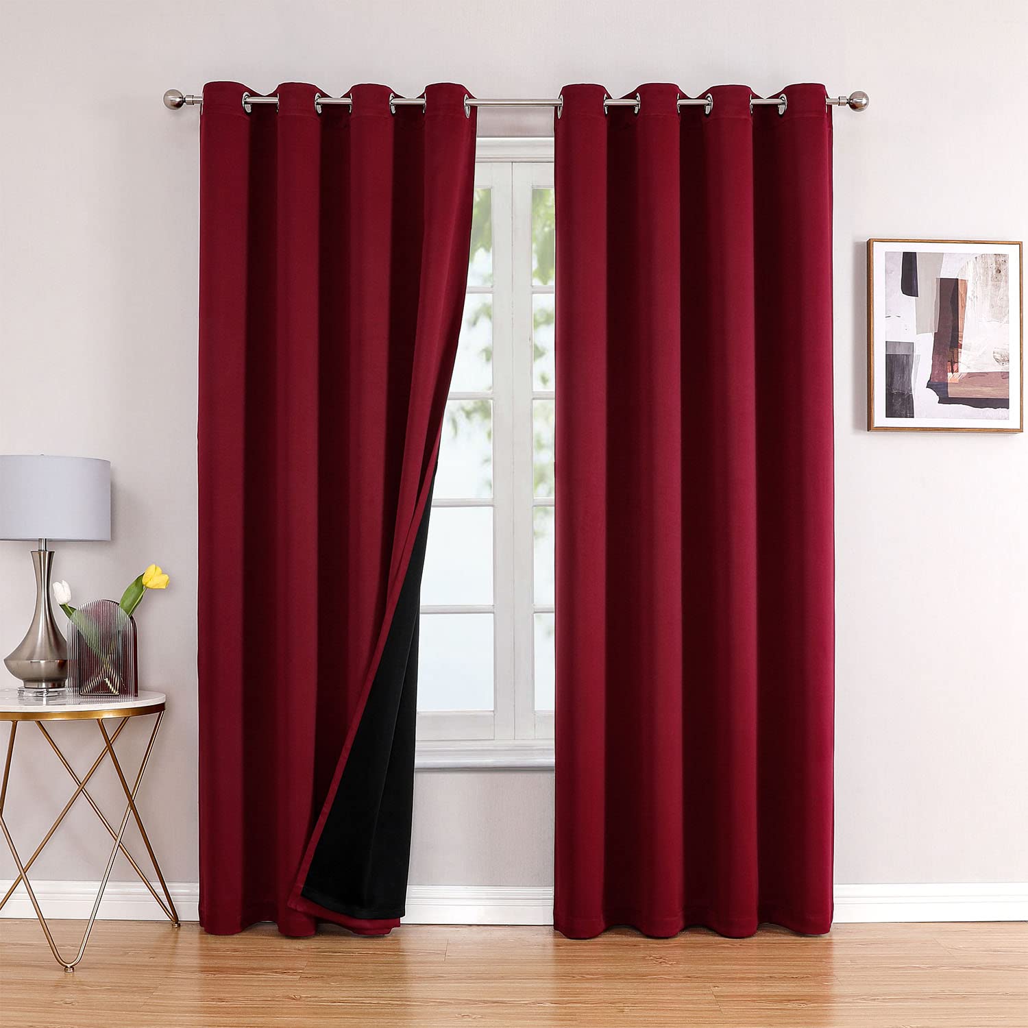 ChrisDowa 100% Blackout Curtains 80 inch Long for Bedroom with Black Liner, 2 Thick Layers Total Blackout Thermal Insulated Grommet Window Curtains 2 Panels Set (Burgundy, 52 x 80 Inch)
