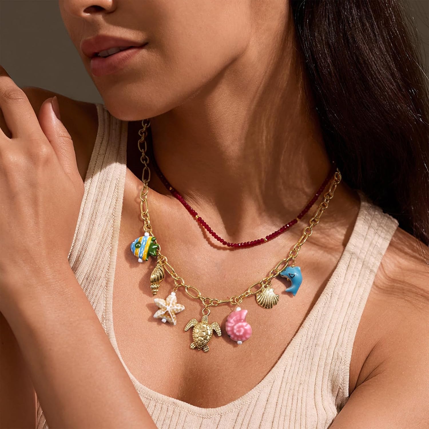 KissYan Charm Necklace for Women, 14K Gold Plated Heart Starfish Sun Pendant Fashion Link Chain Boho Summer Beach Jewelry Gifts - Image 3