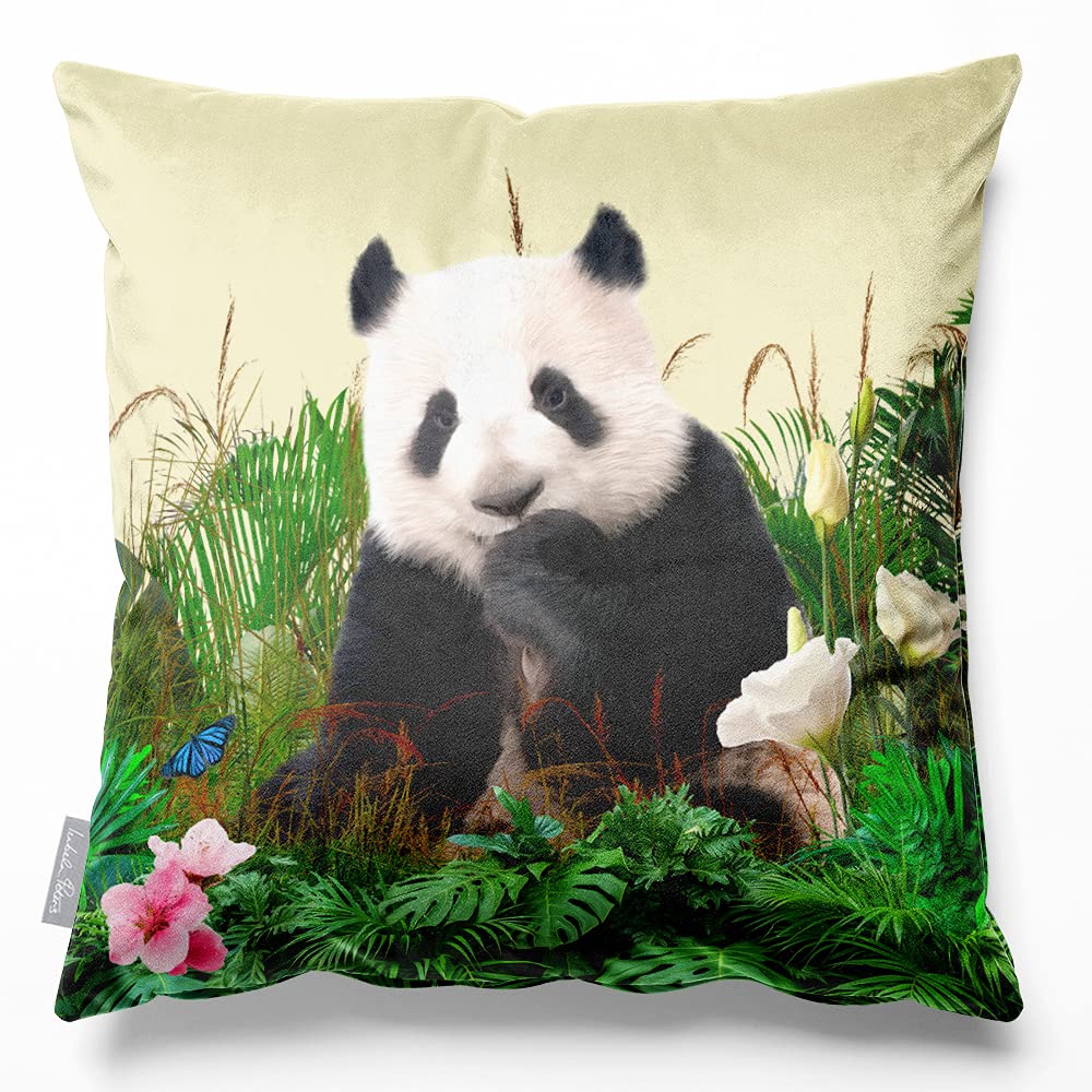 Izabela Peters Forrest Panda - Cream Cushions With Covers Included, Filled Cushion, Eco-Friendly Velvet Cushions, 40 Cm, Chair Cushions, Sofa Cushions, Seat Cushions, Large Cushions