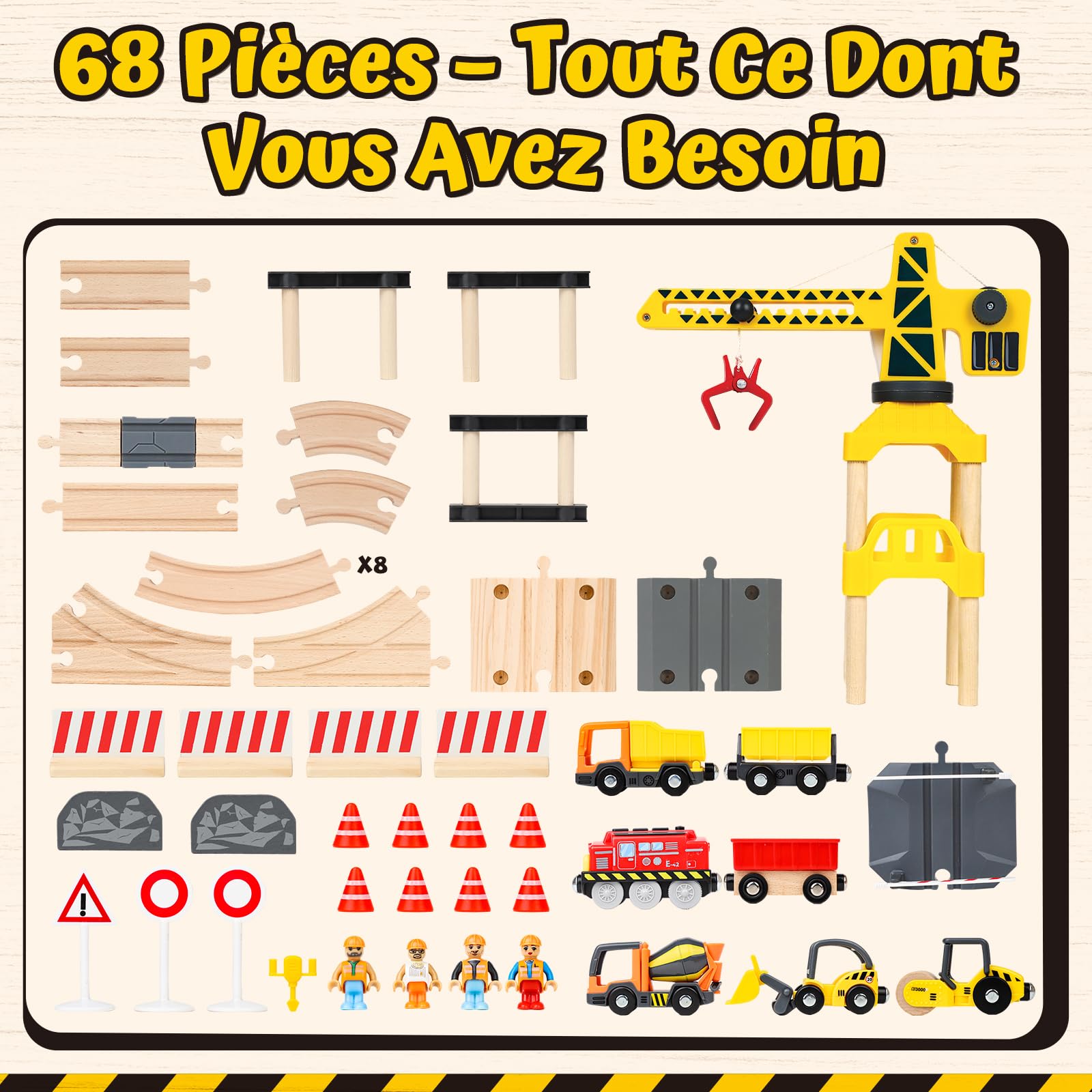 Lehoo Castle 68 Pcs Train en Bois, Train Electrique Enfant, Enfant Grue, Compatible avec Brio, Thomas, Jouet pour Enfants 3+ Ans