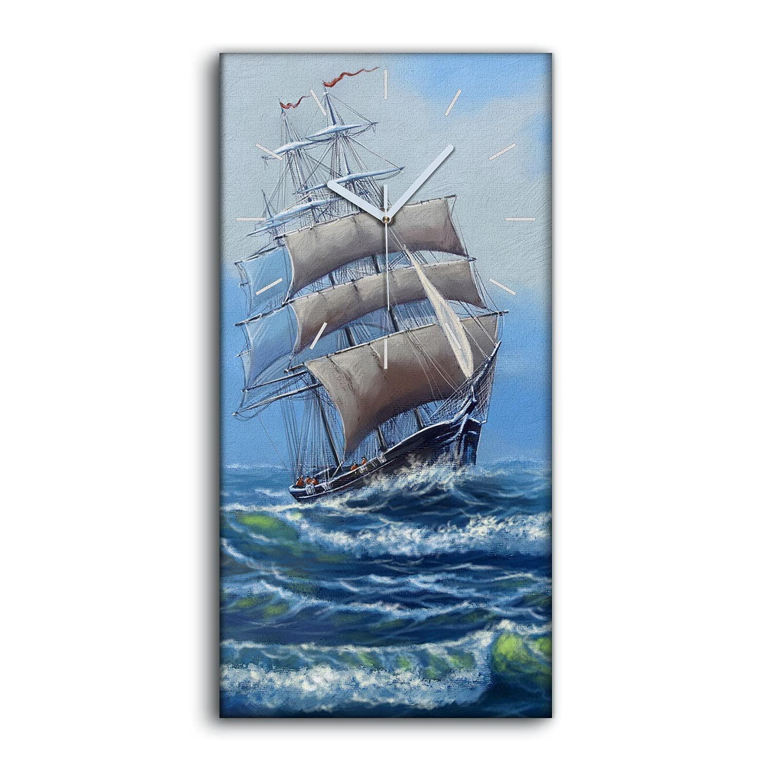 Art mural salon avec horloge sur toile paysage mer navire moderne et silencieuse 30x60