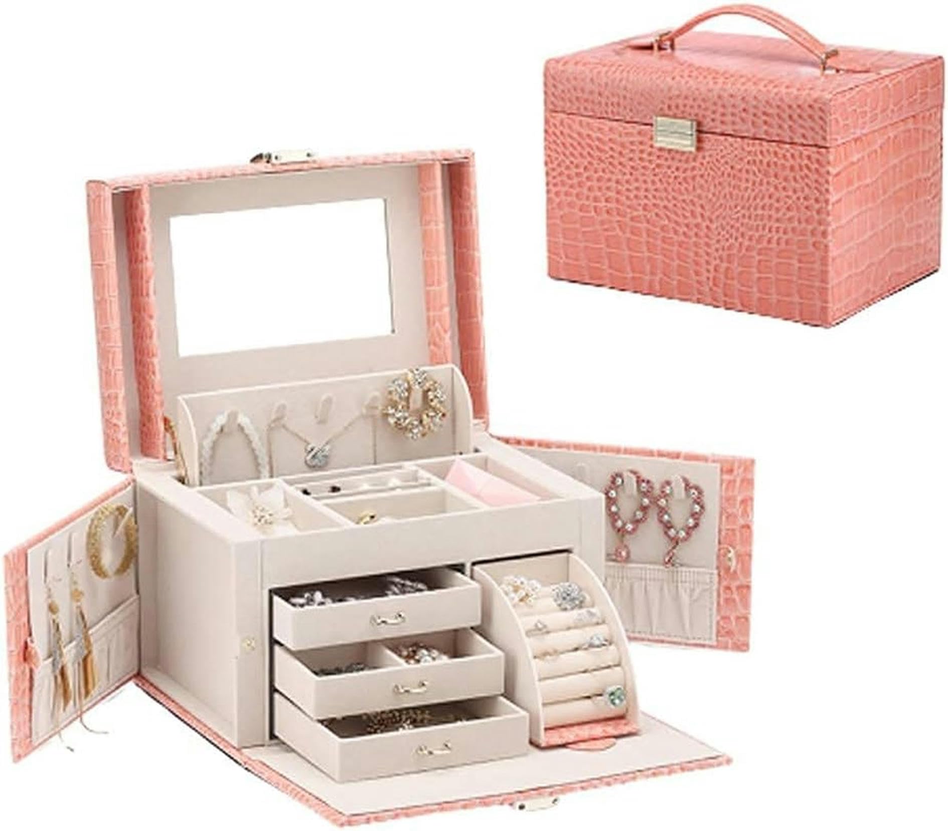 OZBMA Jewelry Box Double-Layer Leather Flocking Cloth Wood Plate Large-Capacity Storage High-end Jew~/