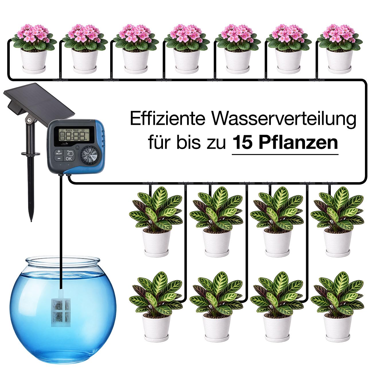 Royal Gardineer Bewässerung Solar: 2er-Set Solar-Bewässerungssysteme für 30 Pflanzen, bis 45 l/Std., LCD (Bewässerung System Gewächshaus, Solarbetriebene)