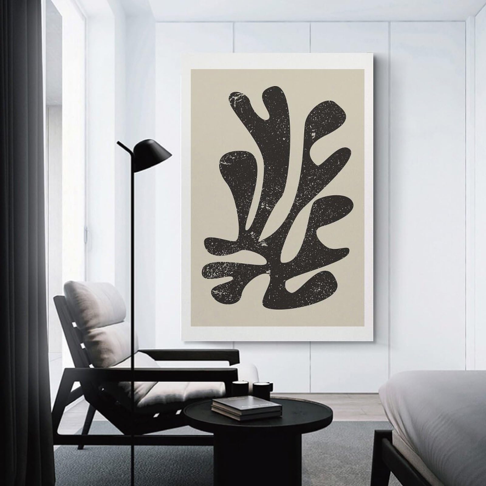 Junmoney Canvas Art Print Black Leaf Shape on Beige Background, 20x30inch(50x75cm), for Gallery Wall Layouts in Home Or Office, A Versatile Canvas Print for Layering