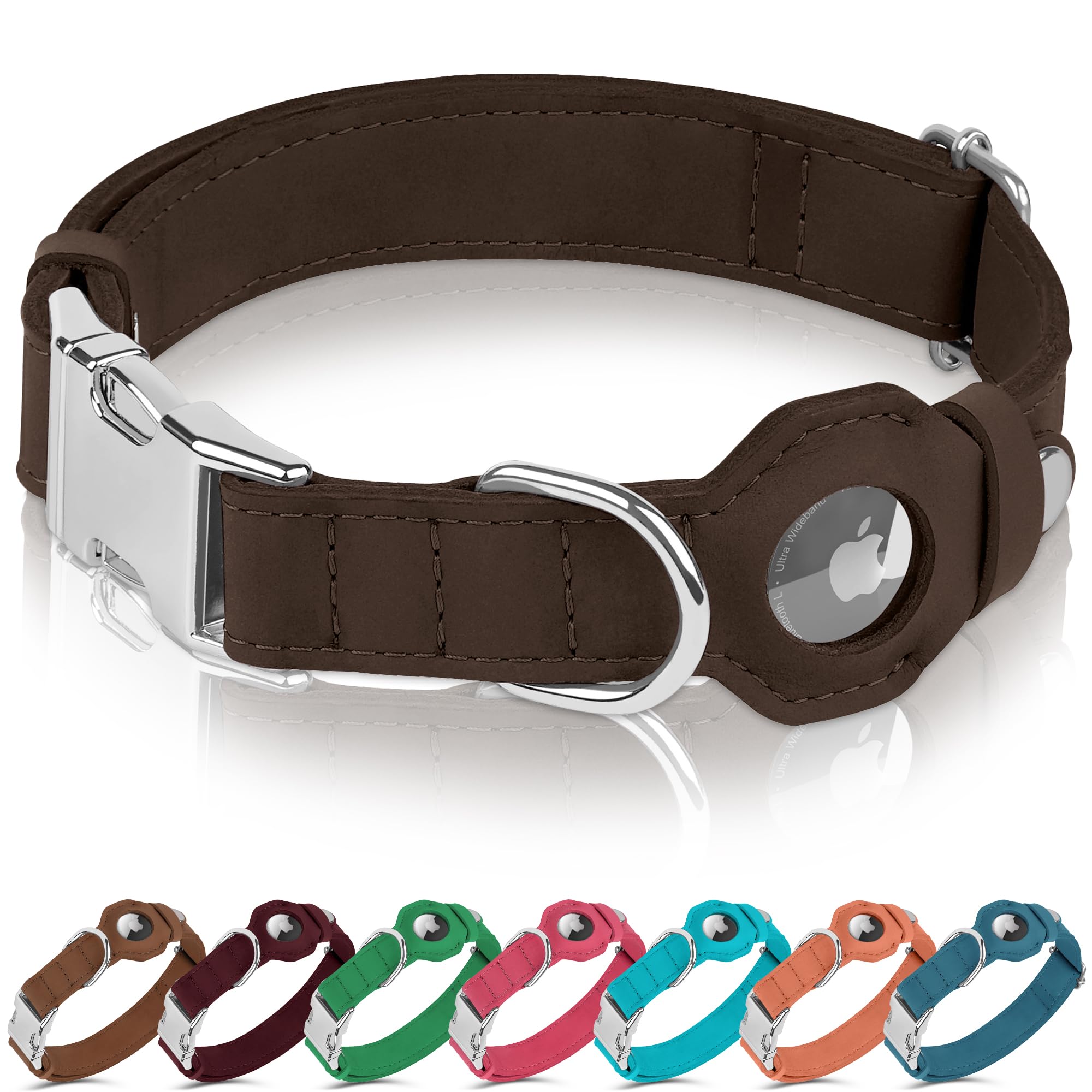 BUDKAS Leather Dog Collar with Airtag Holder - Soft Adjustable Airtag Dog Collar with Metal Buckle - GPS Tracking Pet Collar for Small Large Dogs Puppies Cats (Brown, S, 12"-15" Neck Fit)