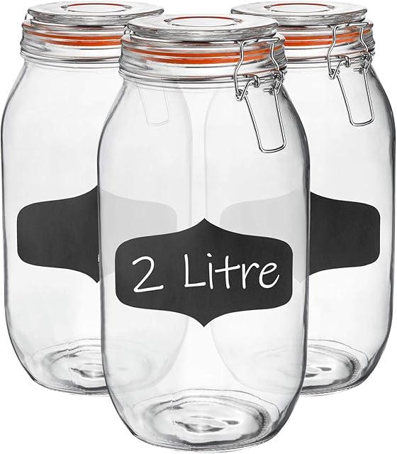 Argon Tableware 3x 2000ml (2 Litre) Clear Glass Storage Jars with Chalboard Label Orange Airtight Silicone Seal and Metal Clip Lids - 70.3oz Large Empty Kitchen Containers