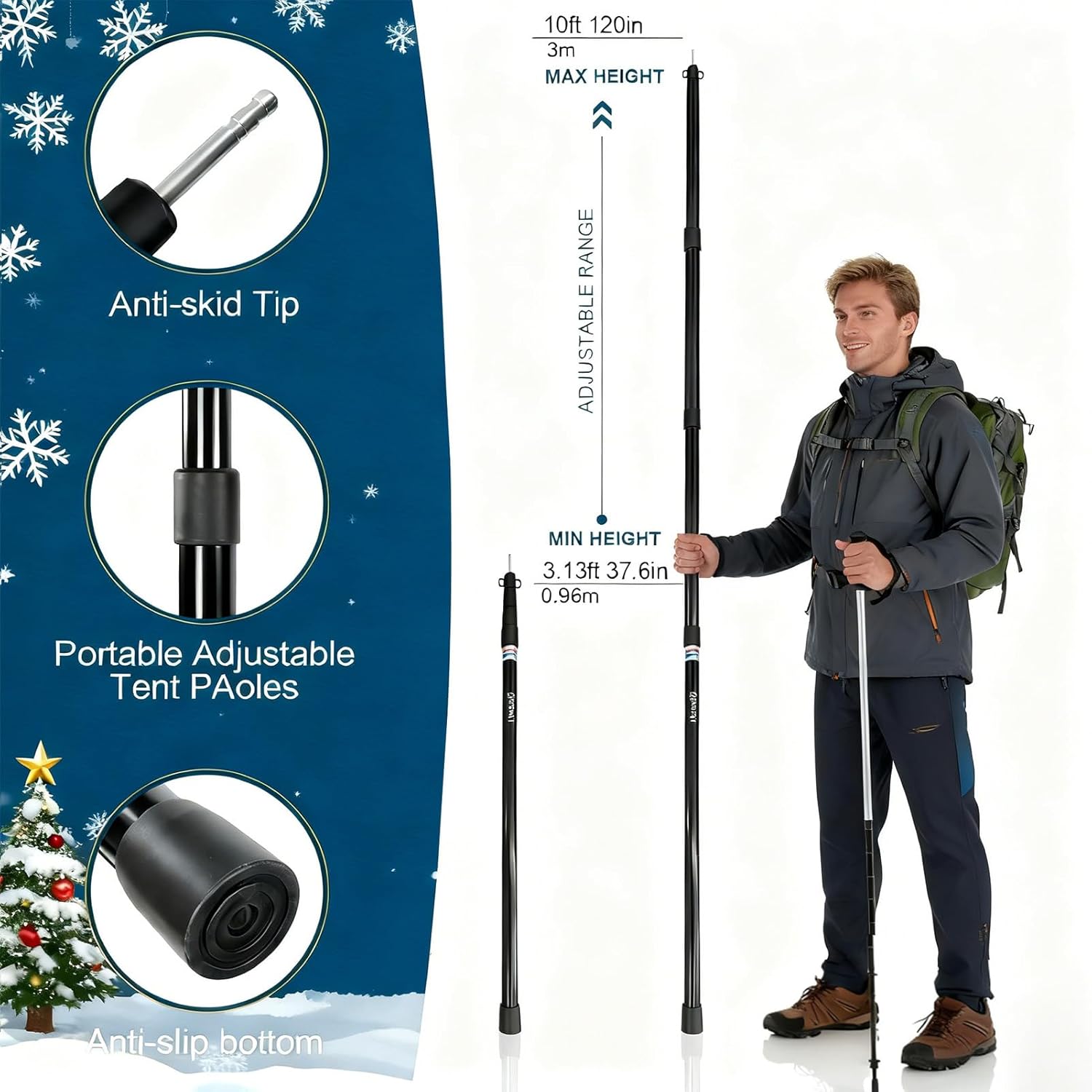 GEEWAY 2 Pcs 10FT Tarp Poles for Camping, Heavy Duty Telescoping Tent Pole, Aluminum Adjustable Tent Poles for Outdoor Activity, Wilderness Adventure and RV Travel (Black)
