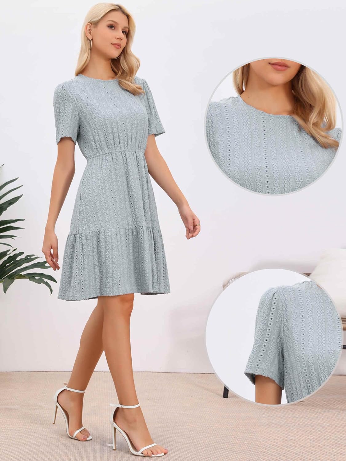 Allegra K Tiered Mini Dress for Women's Casual Spring Crochet Short Sleeve Flowy Dresses - Image 4