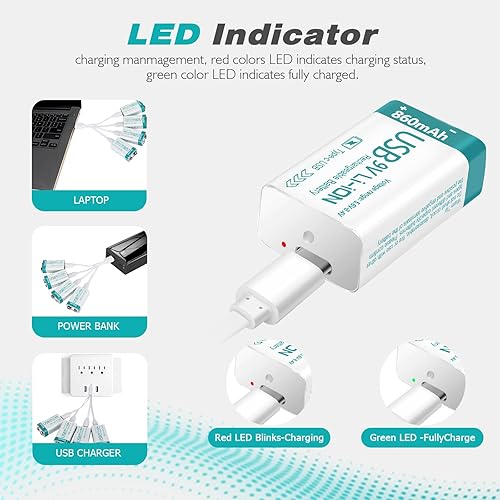 Miniatura 2 de Batería recargable de litio USB de 9 V de 860 mAh con cable de carga 4 en 1, baterías de 9 voltios 6f22 para detectores de humo (paquete de 8)