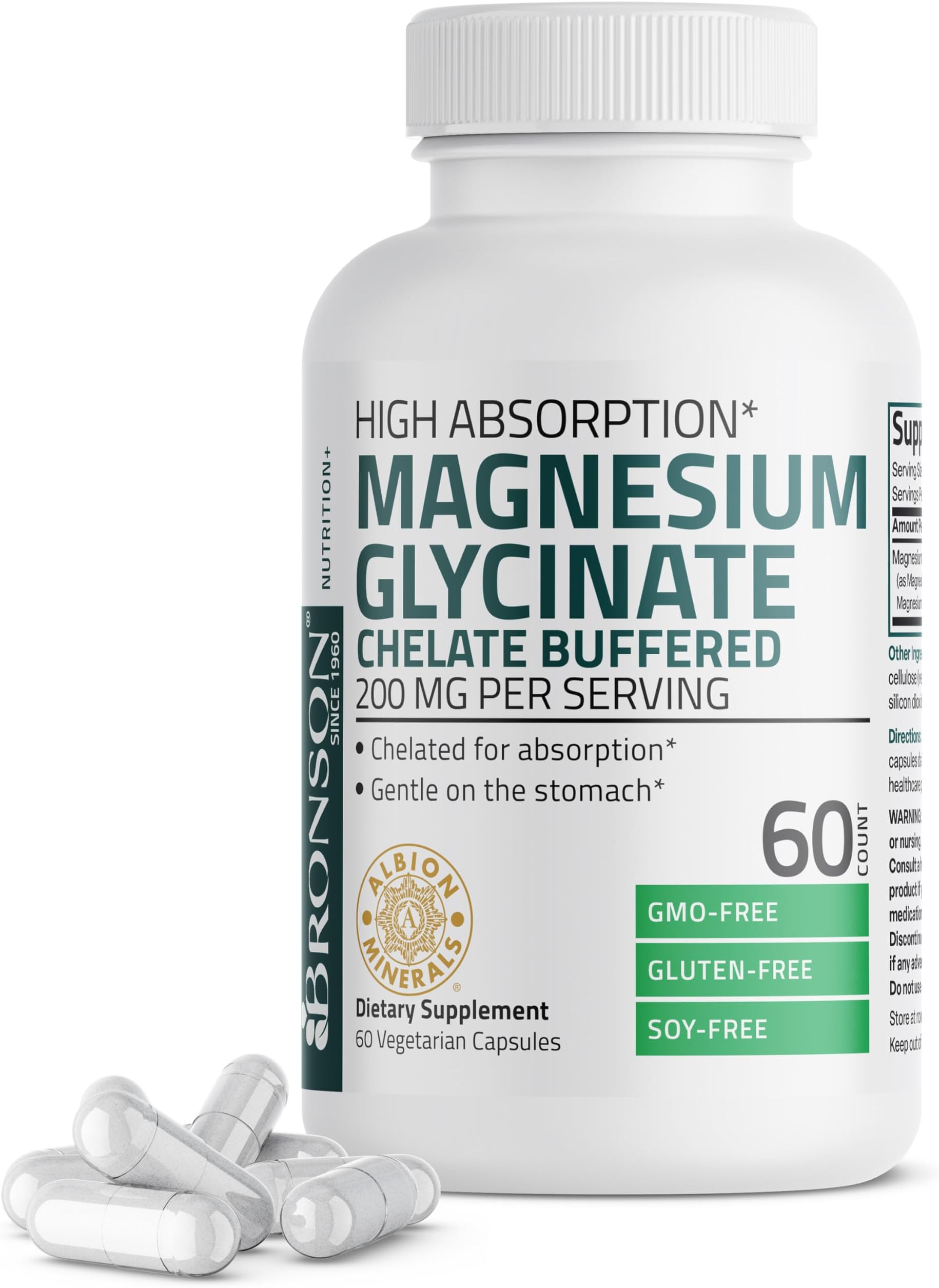 Bronson Magnesium Glycinate 200 MG per Serving Chelated for High Absorption, Gentle On Stomach, Non-GMO, 60 Vegetarian Capsules