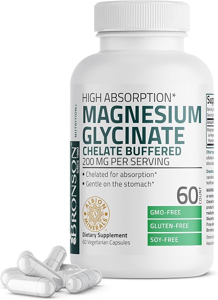 Bronson Magnesium Glycinate 200 MG Chelated High Absorption, 60 Capsules