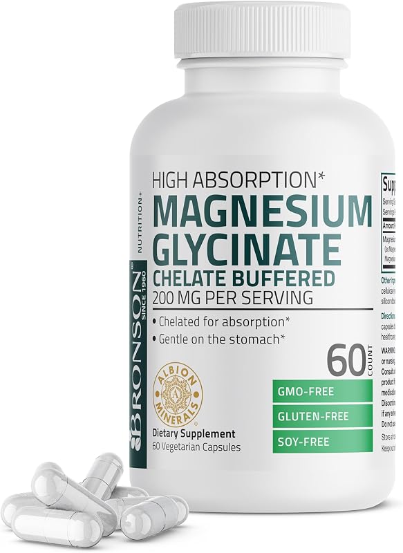 Magnesium Glycinate 200 MG Chelated High Absorption, 60 Capsules | Stress Relief, Sleep, Heart Health, Nerves, Muscles, and Metabolism Support, Vegetarian, Non-GMO, Gluten Free, Soy Free
