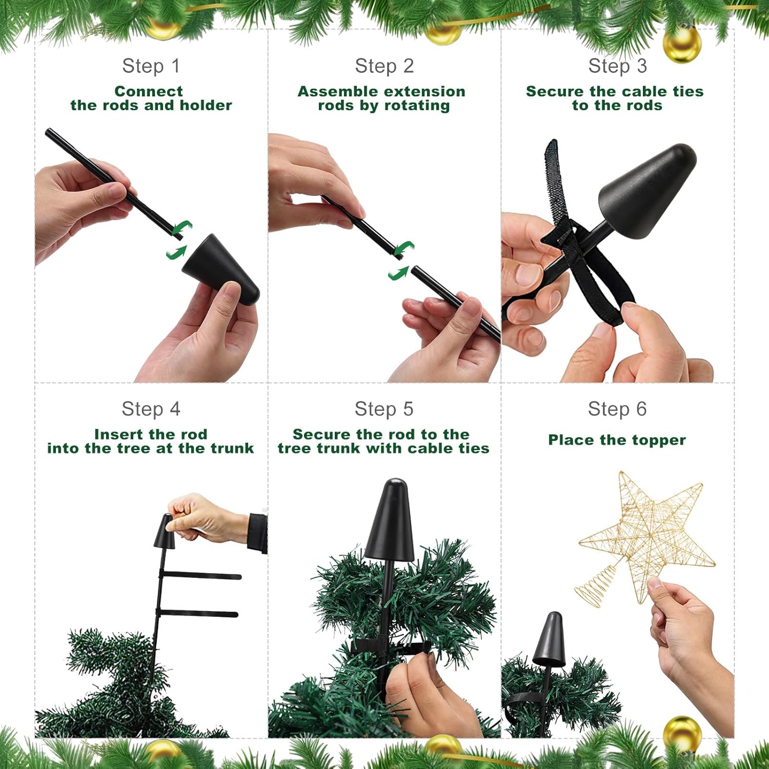 Christmas Tree Topper Kit - 9 Inch Star Tree Topper with 44-Inch Adjustable Pole, Support Base, and 8 Fixing Ties for Secure Decoration, Metal Idea for Holiday Ornament or Home Decor - Image 7