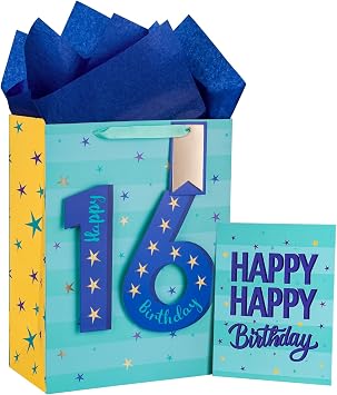 Loveinside Birthday Blue Gift Bag with Tissue Paper, Gift Tag and Greeting Card for Boys, Teenager, Party and More, 10" x 5" x 13", 1 Pcs, 16 Years Old