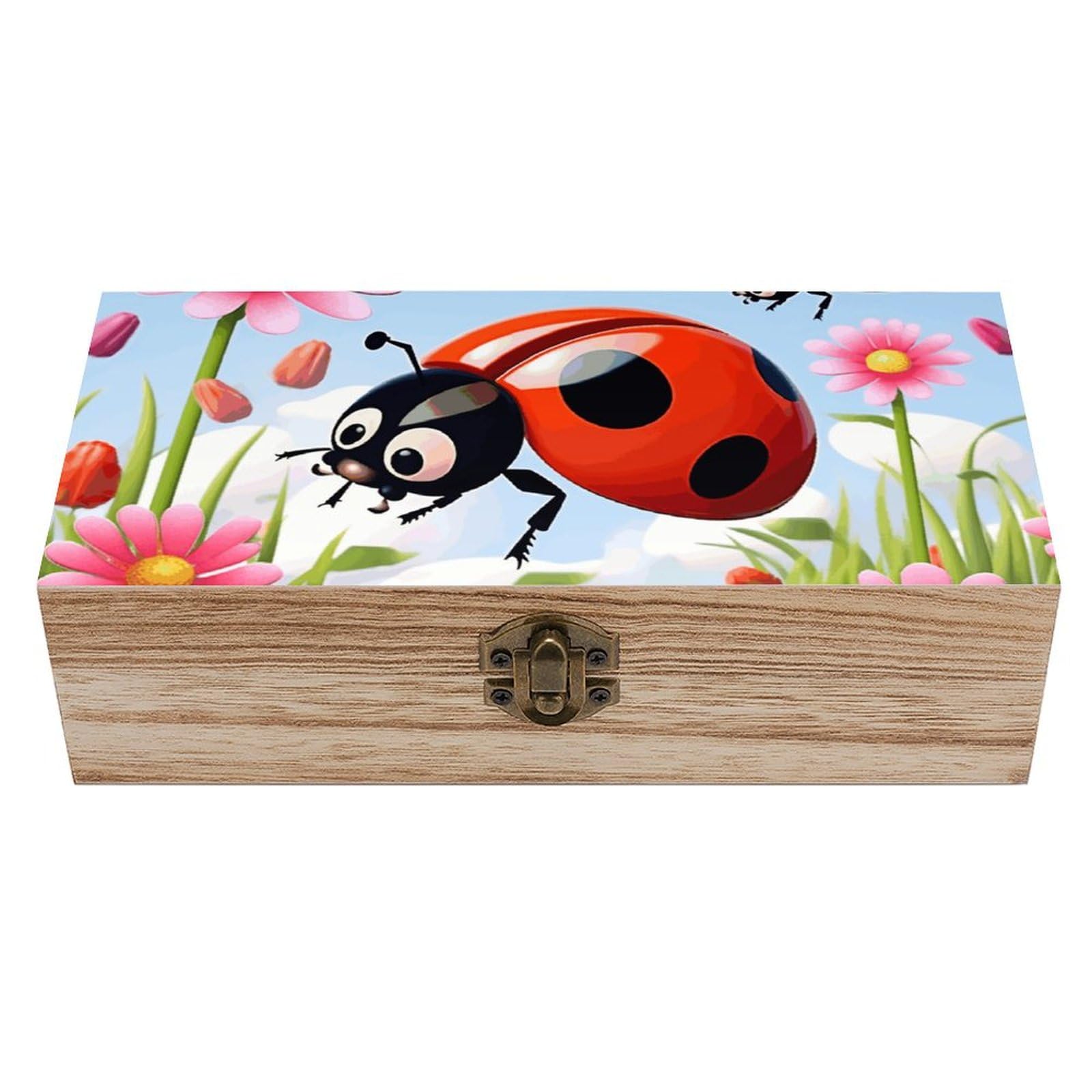 JTREHY Wooden Storage Box Container,Cartoon Ladybug Flowerprinted Desk Storage Box Room Decoration Box Souvenir Storage Box for Jewelry Gift Storage And Home Decoration