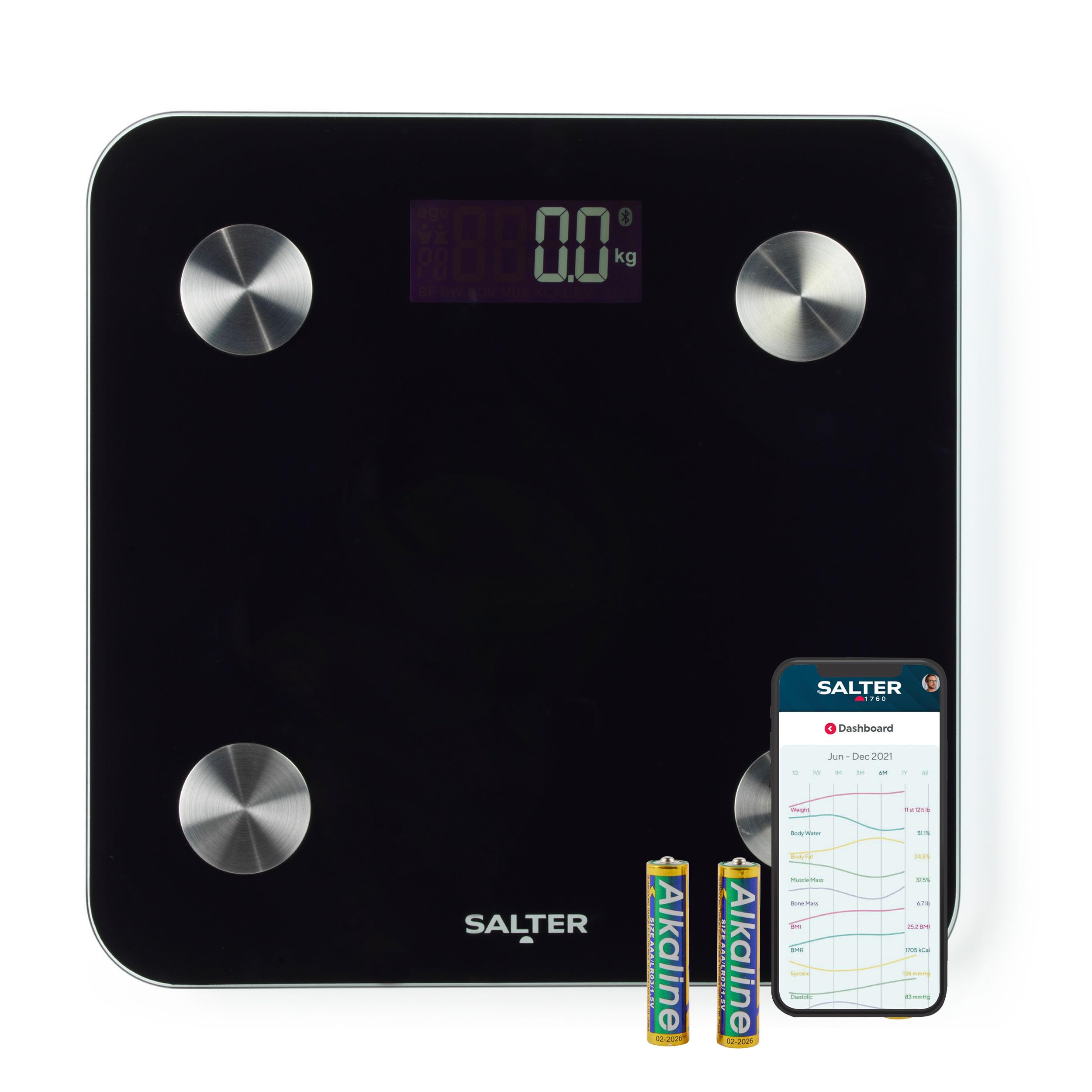 Salter Báscula inteligente - capacidad de 180 kg, 17 métricas corporales, aplicación Salter Health, grasa corporal/agua, masa muscular/ósea, IMC y TMB, 8 memorias de usuario, negro