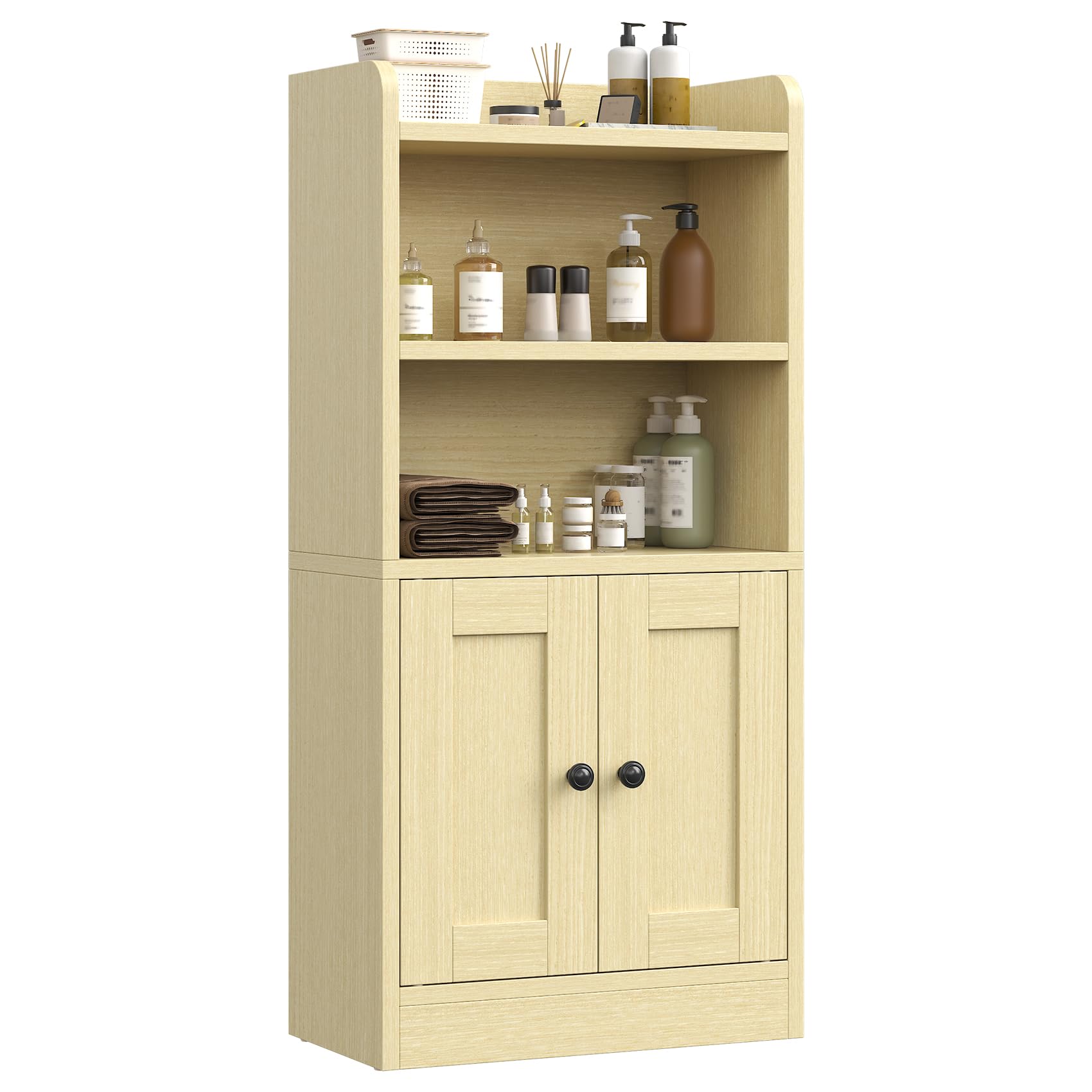 Meuble de salle de bain avec 2 étagères ouvertes et étagères intérieures en bois naturel pour salon, cuisine, couloir