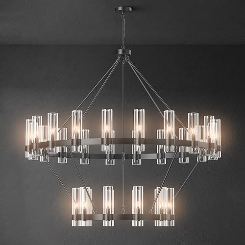 Miniatura 11 de Lámpara de araña de 60 pulgadas dorada, lámpara de rueda de vagón con pantalla de vidrio, lámpara colgante de techo alto de 20 luces redonda grande