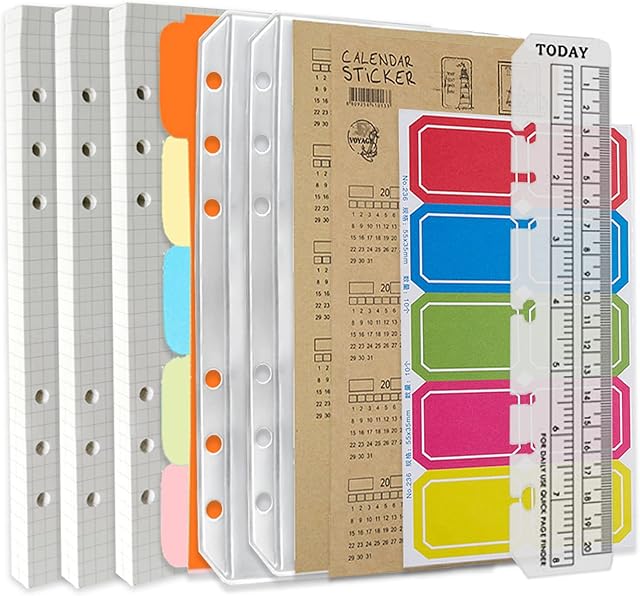 DY.2ten A5 6-Hole Binder Notebook Refills Set - 135 Sheets (270 Pages) Graph Paper + 2pcs A5 Zipper Binder Pockets + 5 Pcs A5 Dividers + Index Note Tabs + Index with Date + Ruler