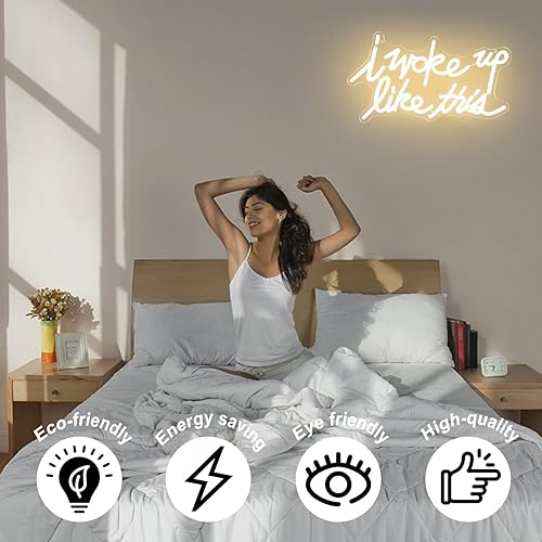 Miniatura 4 de Letrero LED de neón con texto en inglés "I Woke Up Like This" con letra blanca cálida para pared con interruptor regulable, luces de neón para
