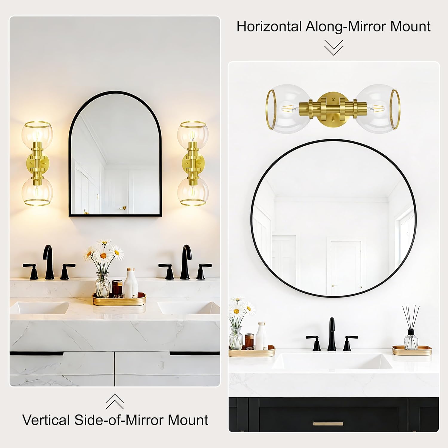 Bathroom Sconces Set of Two, Brushed Gold Wall Sconces with Clear Glass, Hardwired Modern Sconces Wall Decor Set of 2, Wall Light Fixtures for Bathroom Living Room Mirror Hallway Bedroom