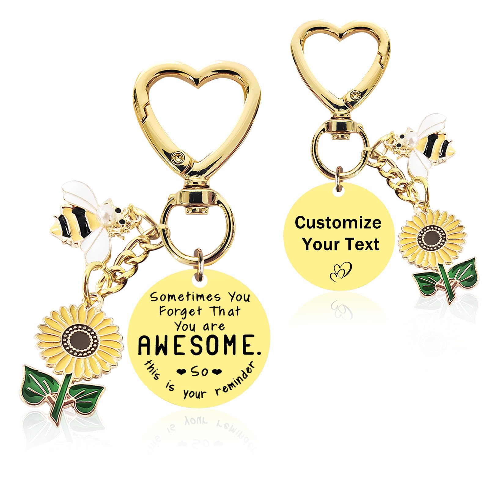 Qsz Women's Circular Text Custom Motivational Sunflower Bag Charms With Picture Text Personalized Sunflower Bee Keychain Gift For Girls (Circular Text)