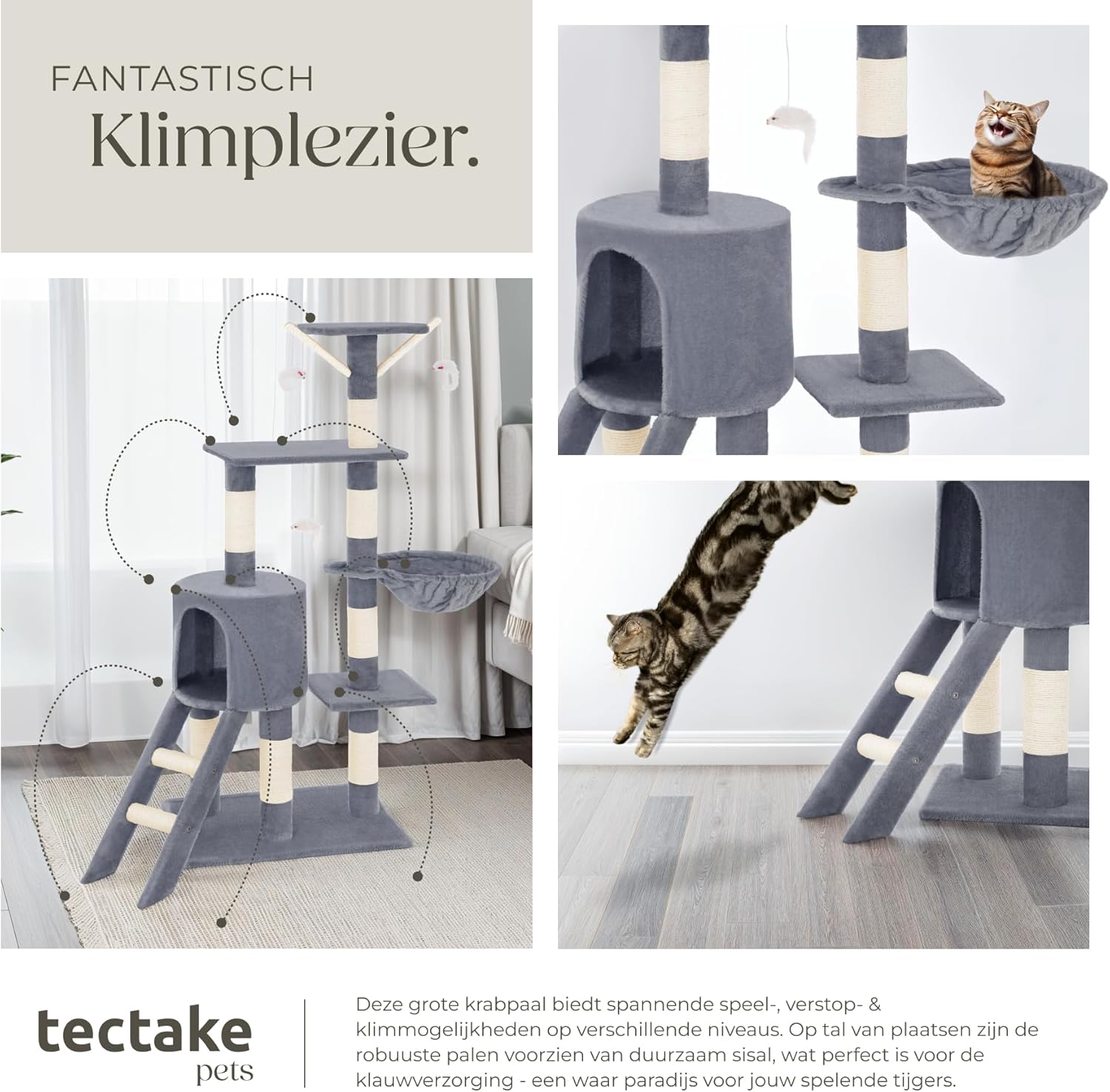 Cats playing and climbing on the tectake cat tree, illustrating active use.