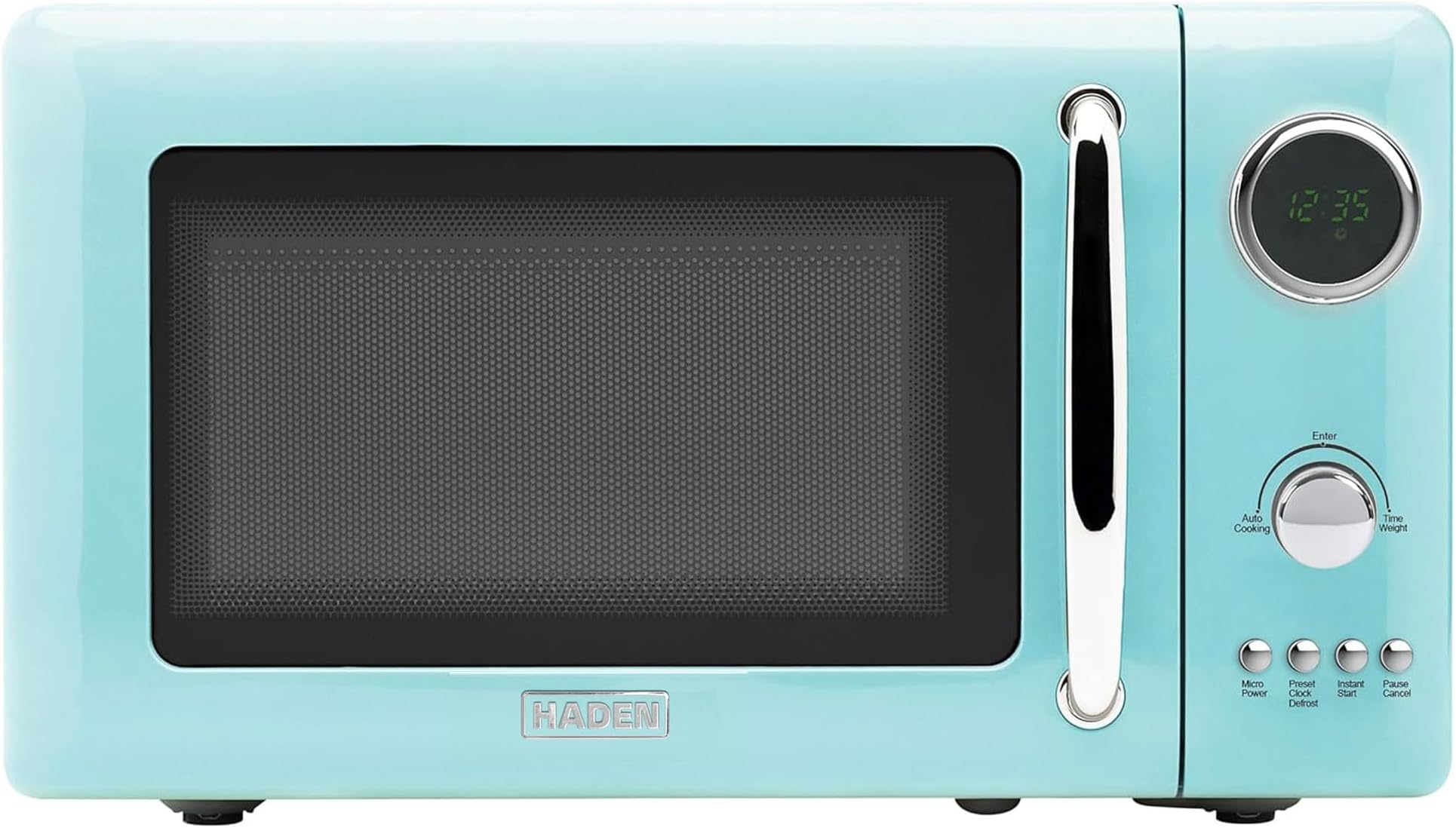 - Haden 700 Watt 0.7 Cubic Foot Microwave Oven with Digital Controls, Defrost, and Instant Start Countertop Small Appliance, Turquoise/Chrome