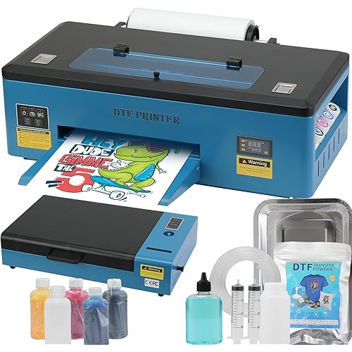 FAFAIR A3 L1800 DTF Printer with White Ink Mixing System & Auto Clean, DTF Printer Bundles Blue, High-Speed DTF Transfer Machine with 1 x Roll of Film, 5 x 250ml Ink and Powder (L1800+Oven+Software)