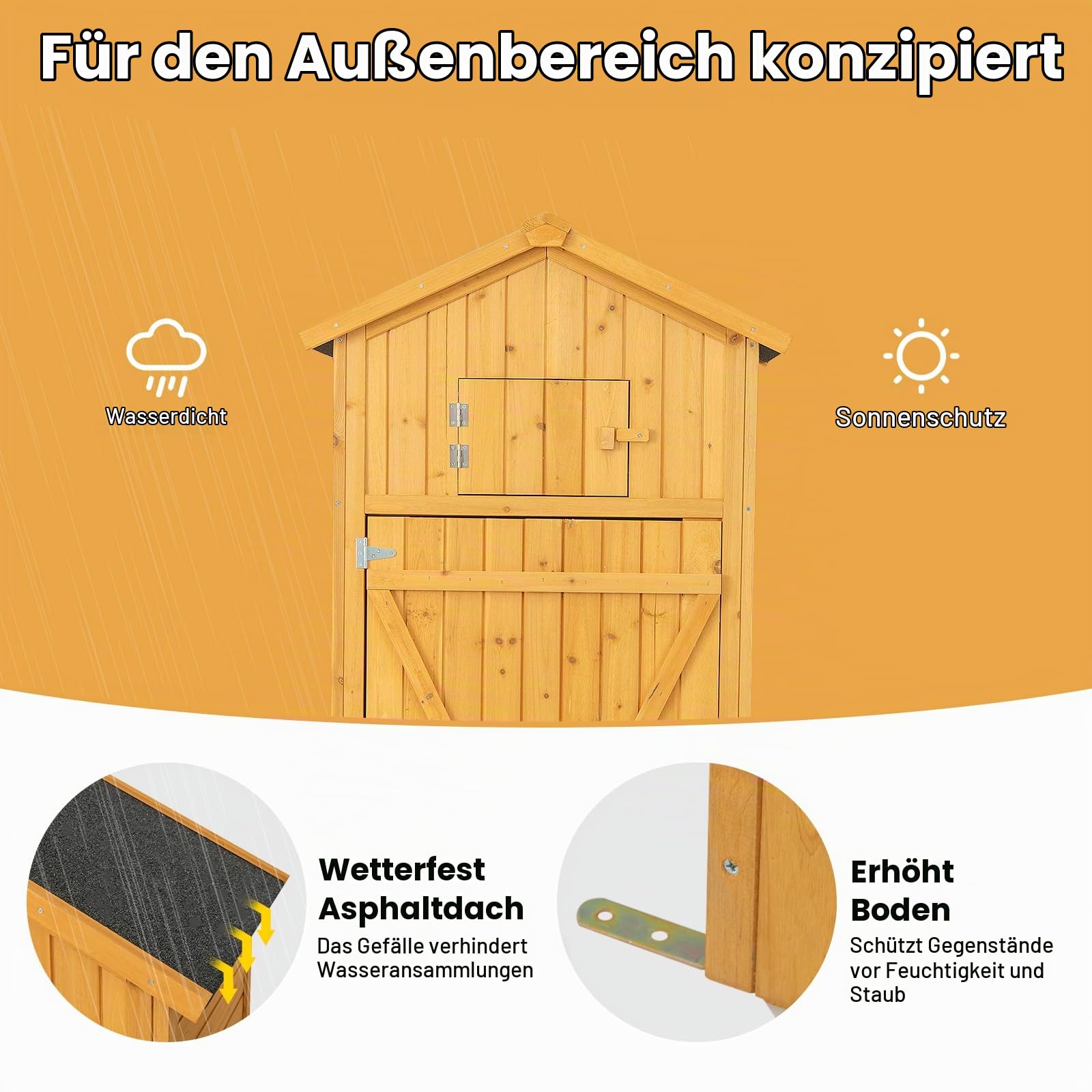 KOMFOTTEU Gartenschrank Holz, Gerätehaus Outdoor wetterfest, Geräteschuppen mit Satteldach, Werkzeugschrank Holzschuppen mit Regal Faltbarem Tisch, 180x65x42 cm, Natur