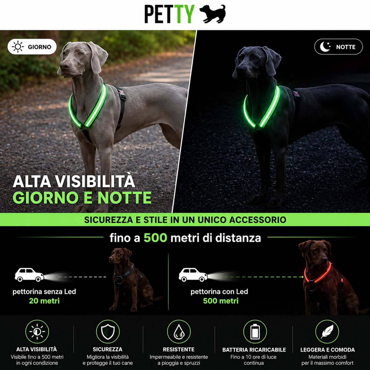 PETTY Pettorina cane ad H con Led Luminosi - Ricaricabili con USB, Imbracatura Anti Tiro Regolabile con Imbottitura Morbida, Traspirante e Chiusura Ermetica (XL, Rosso)