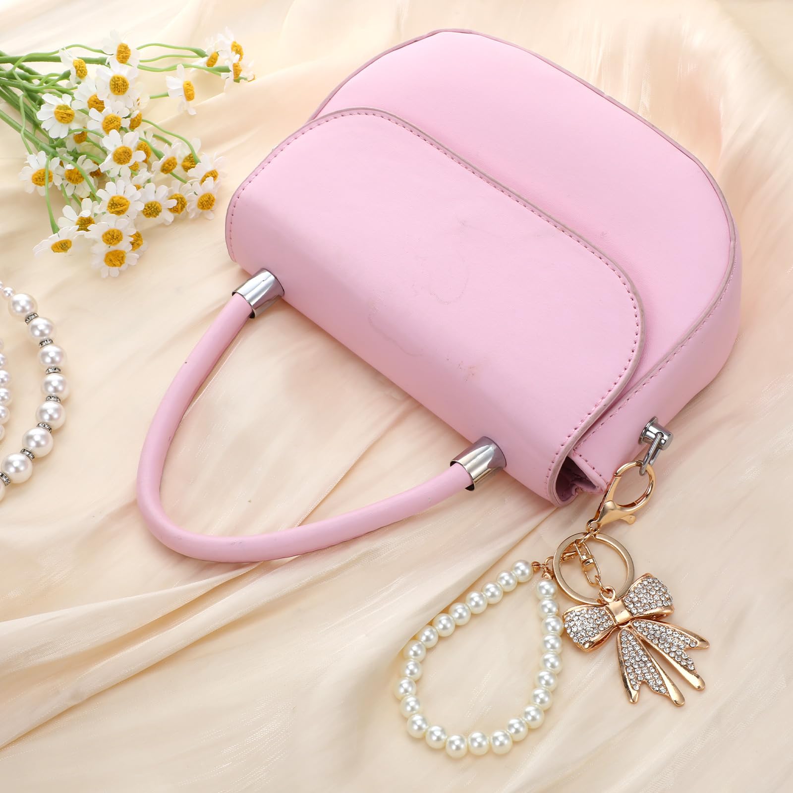 Lnngub 2 Pcs White Rhinestone Bowknot Keychain Imitation Pearl Chains Sparkly Bo