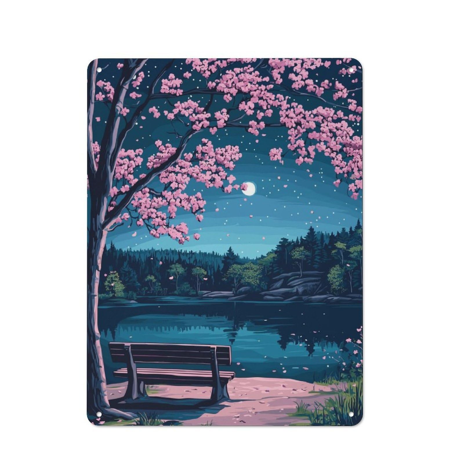 Junmoney Nighttime Lake With Cherry Blossoms Rustic Tin Wall Plaque 40X30cm For Garage Or Workshop, For Garage Decor Fans, For Retro Home Interiors