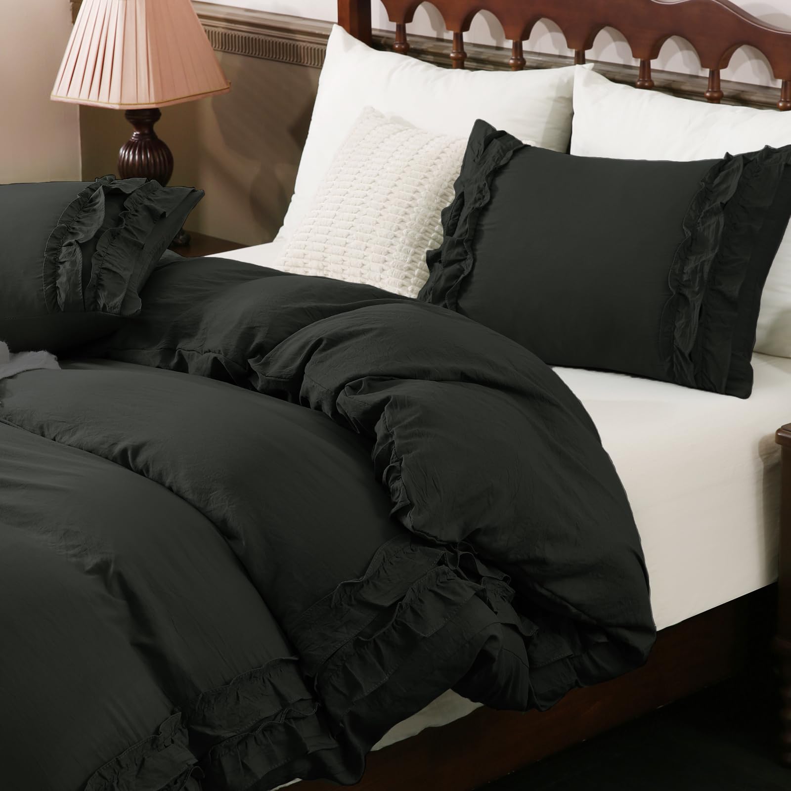 Herside Ruffled Bedding Set King Solid Black Duvet Cover Set Luxury Cute Bedding Cover Home Decor Reversible Easy Care Bedding Sets for Girls Adult